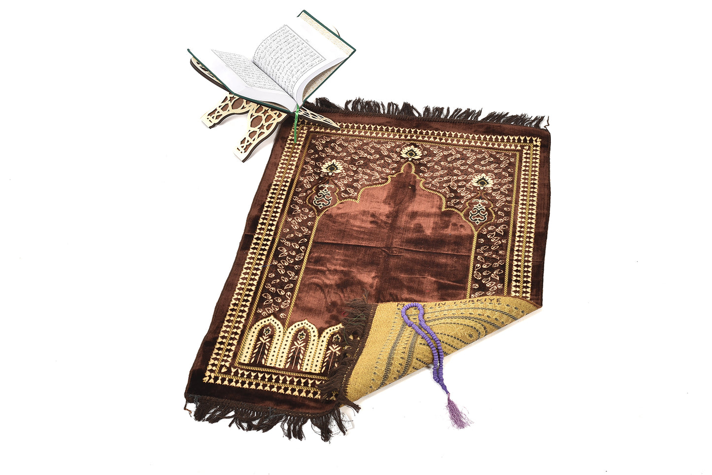 Premium Prayer Rug – Islamic Design with Gold Embroidery on Brown Background ( musallahs )