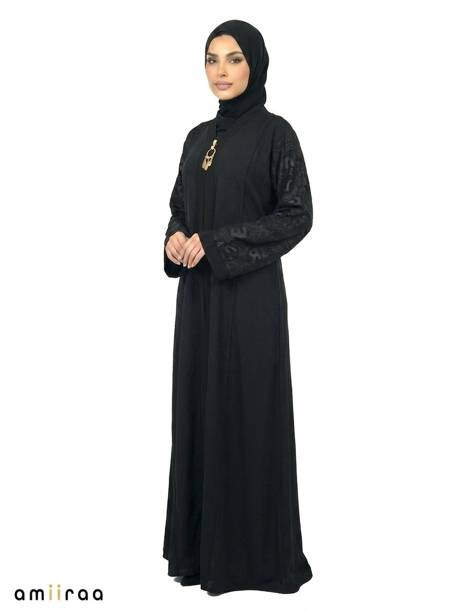 Women’s Elegant Black Abaya with Embossed Sleeve Detail