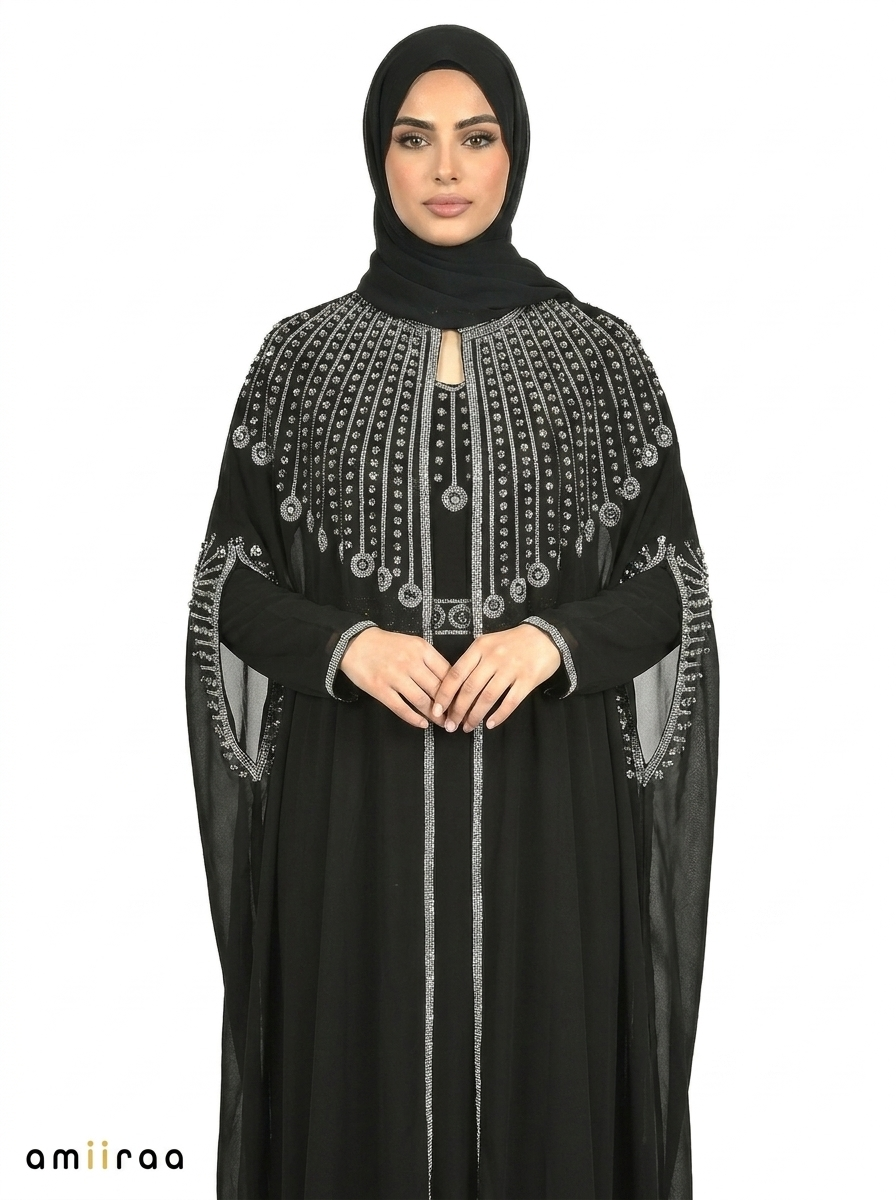 Tap Shoe Elegant Embellished Open Abaya with Sheer Cape