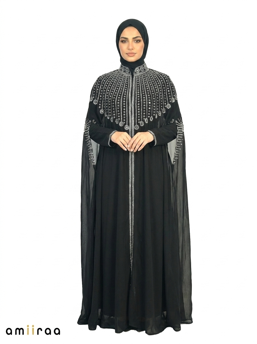 Tap Shoe Elegant Embellished Open Abaya with Sheer Cape
