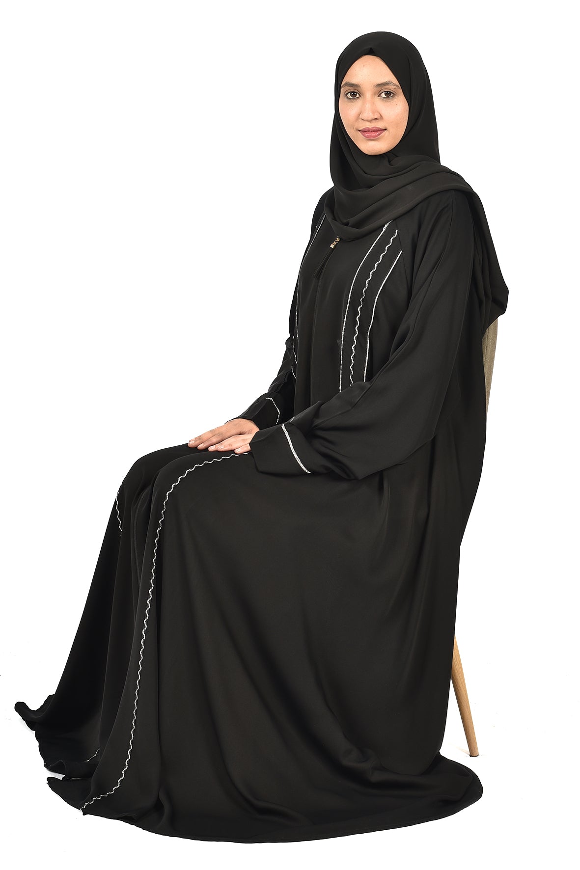 Black Abaya with Wavy White Embroidery – Elegant Design with Artistic Touch ( ladies abaya )