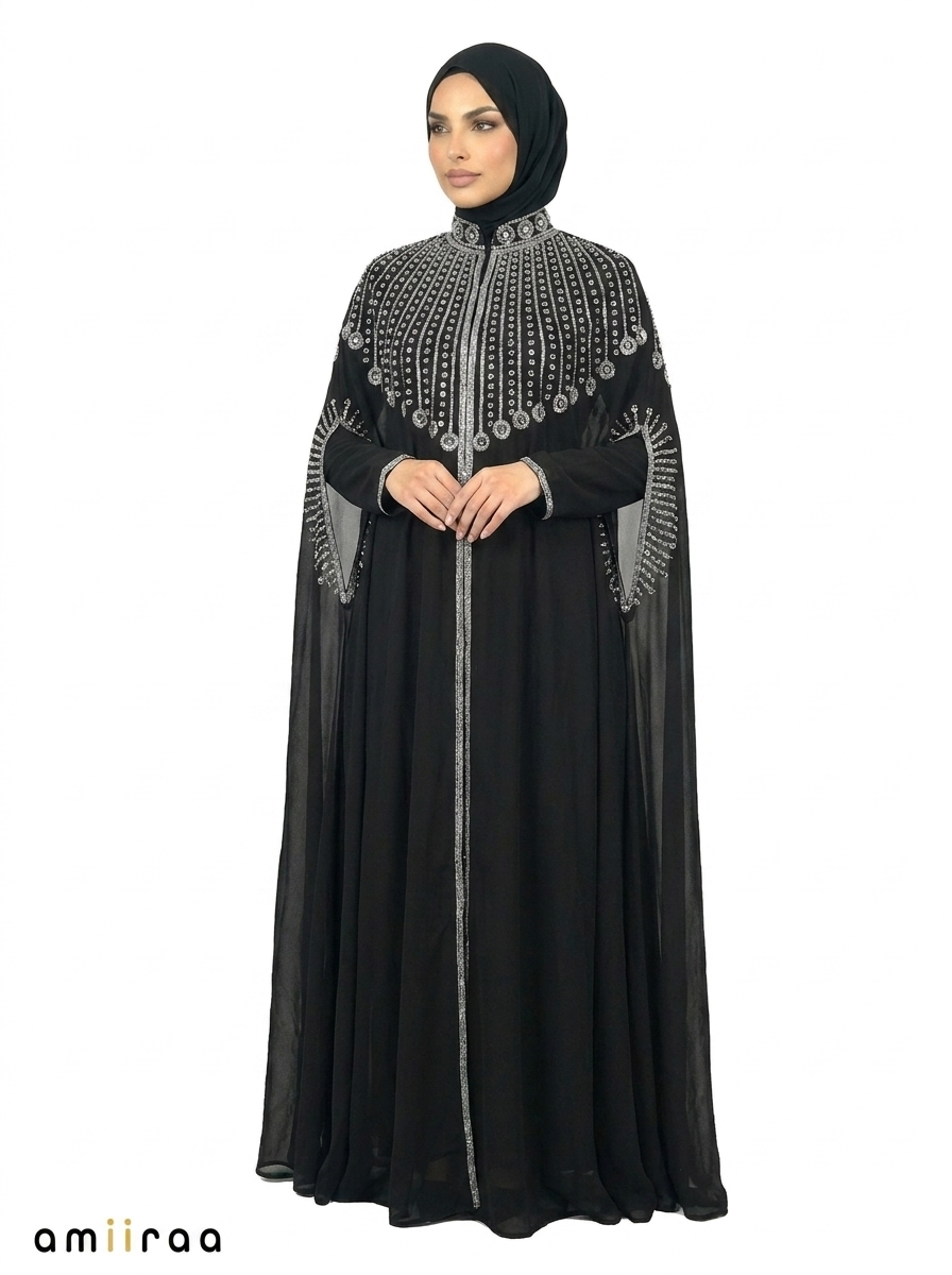 Tap Shoe Elegant Embellished Open Abaya with Sheer Cape