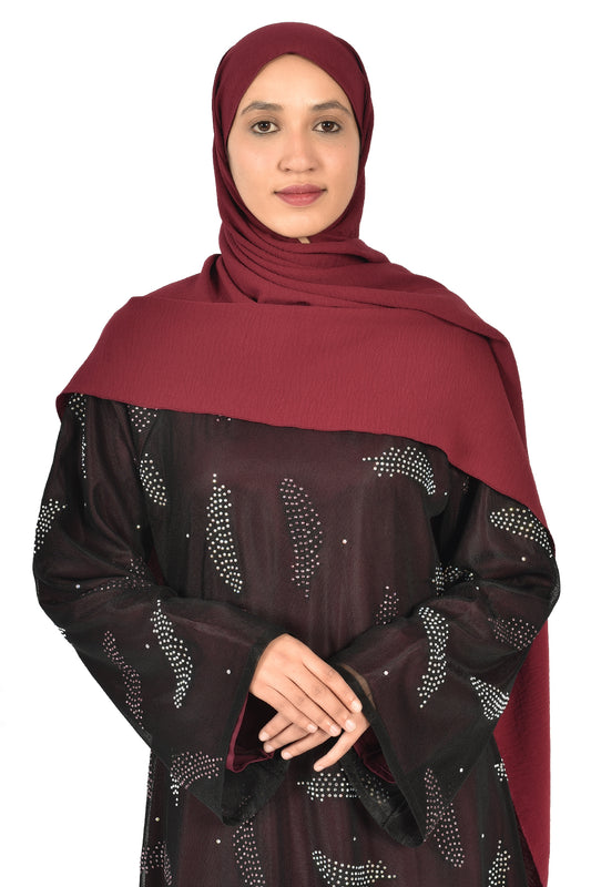Maroon Inner Dress with Beaded Sheer Overlay Abaya – Elegant and Contemporary (ladies abaya )