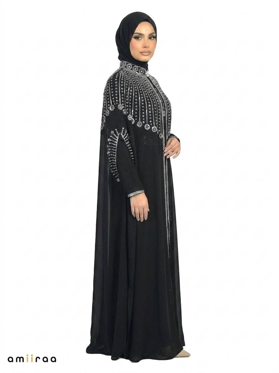 Tap Shoe Elegant Embellished Open Abaya with Sheer Cape