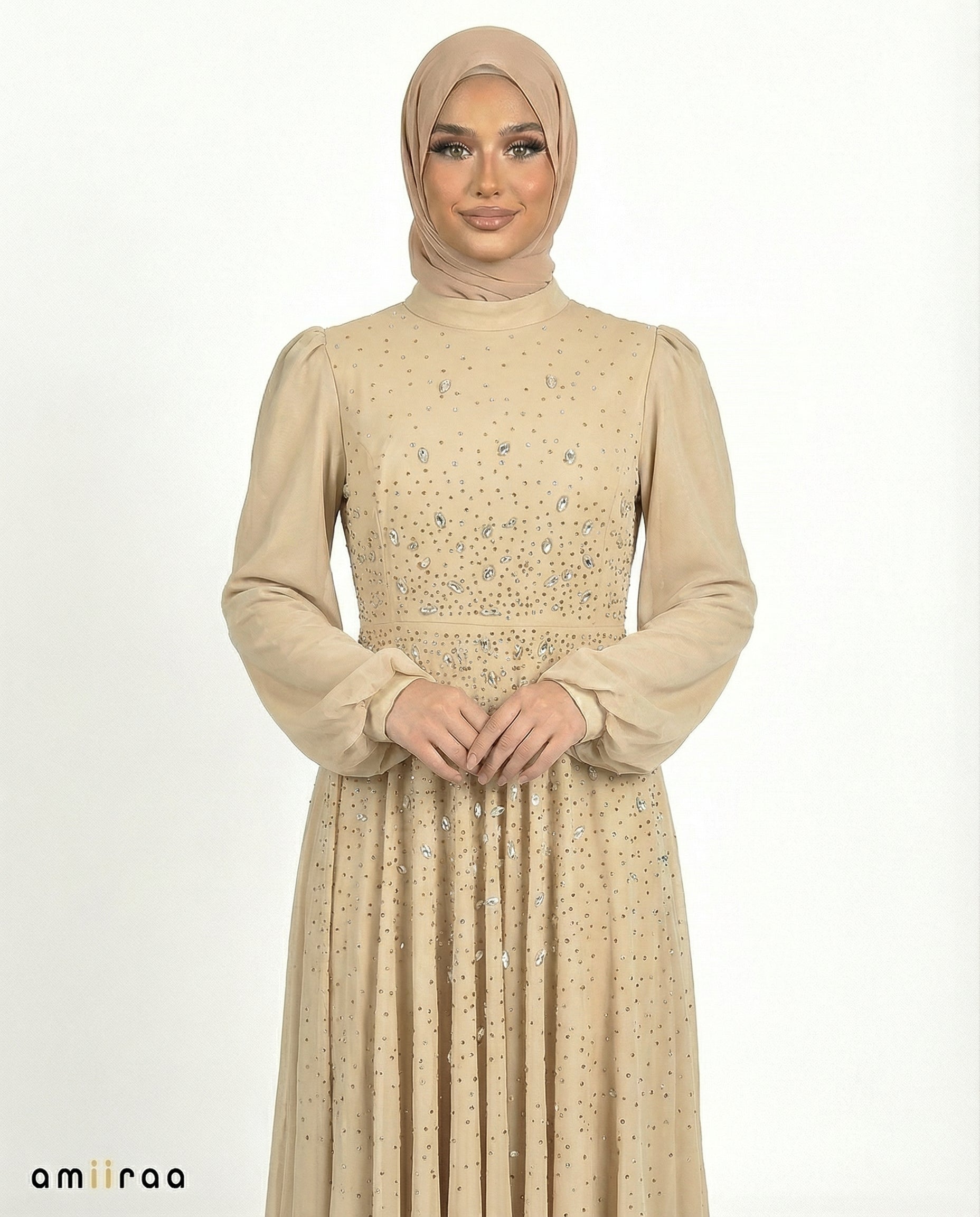 Cognac Chiffon Overlay Diamante Maxi Dress with Tie Sleeves