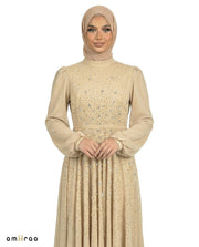 Cognac Chiffon Overlay Diamante Maxi Dress with Tie Sleeves
