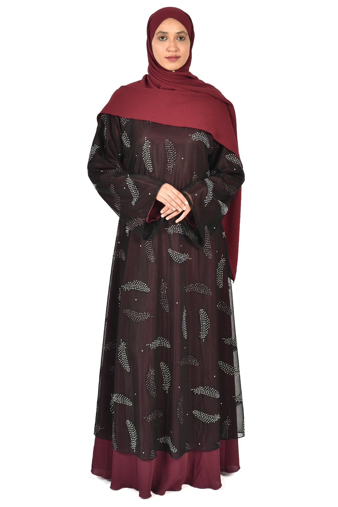 Maroon Inner Dress with Beaded Sheer Overlay Abaya – Elegant and Contemporary (ladies abaya )