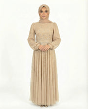 Cognac Chiffon Overlay Diamante Maxi Dress with Tie Sleeves