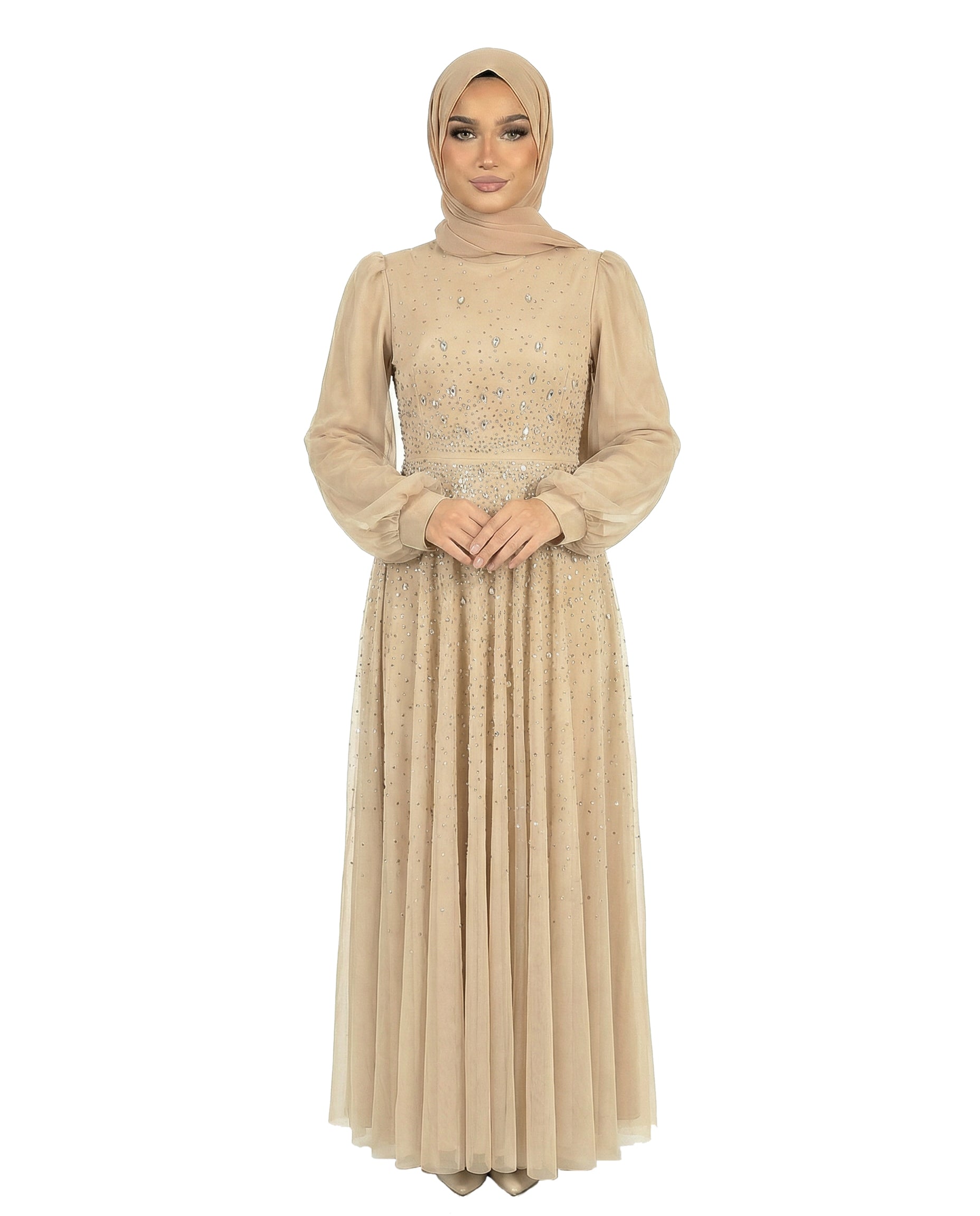 Cognac Chiffon Overlay Diamante Maxi Dress with Tie Sleeves