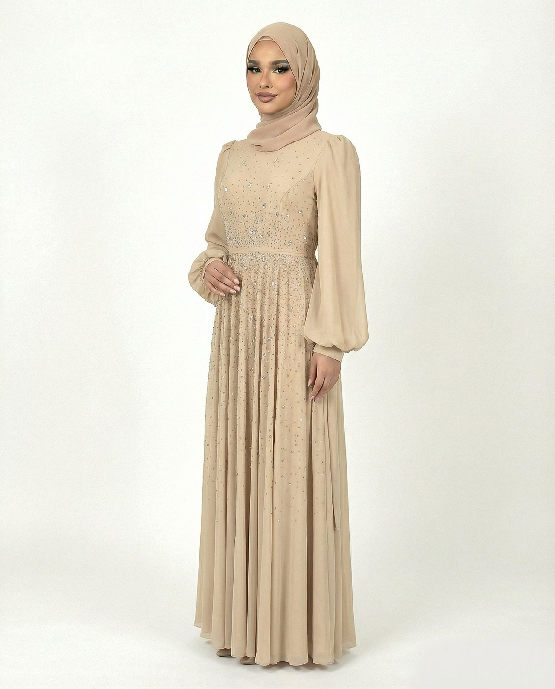 Cognac Chiffon Overlay Diamante Maxi Dress with Tie Sleeves