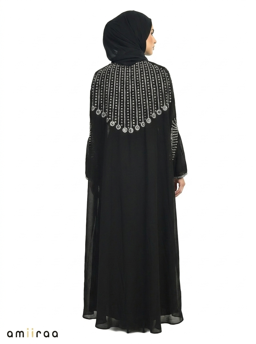 Tap Shoe Elegant Embellished Open Abaya with Sheer Cape