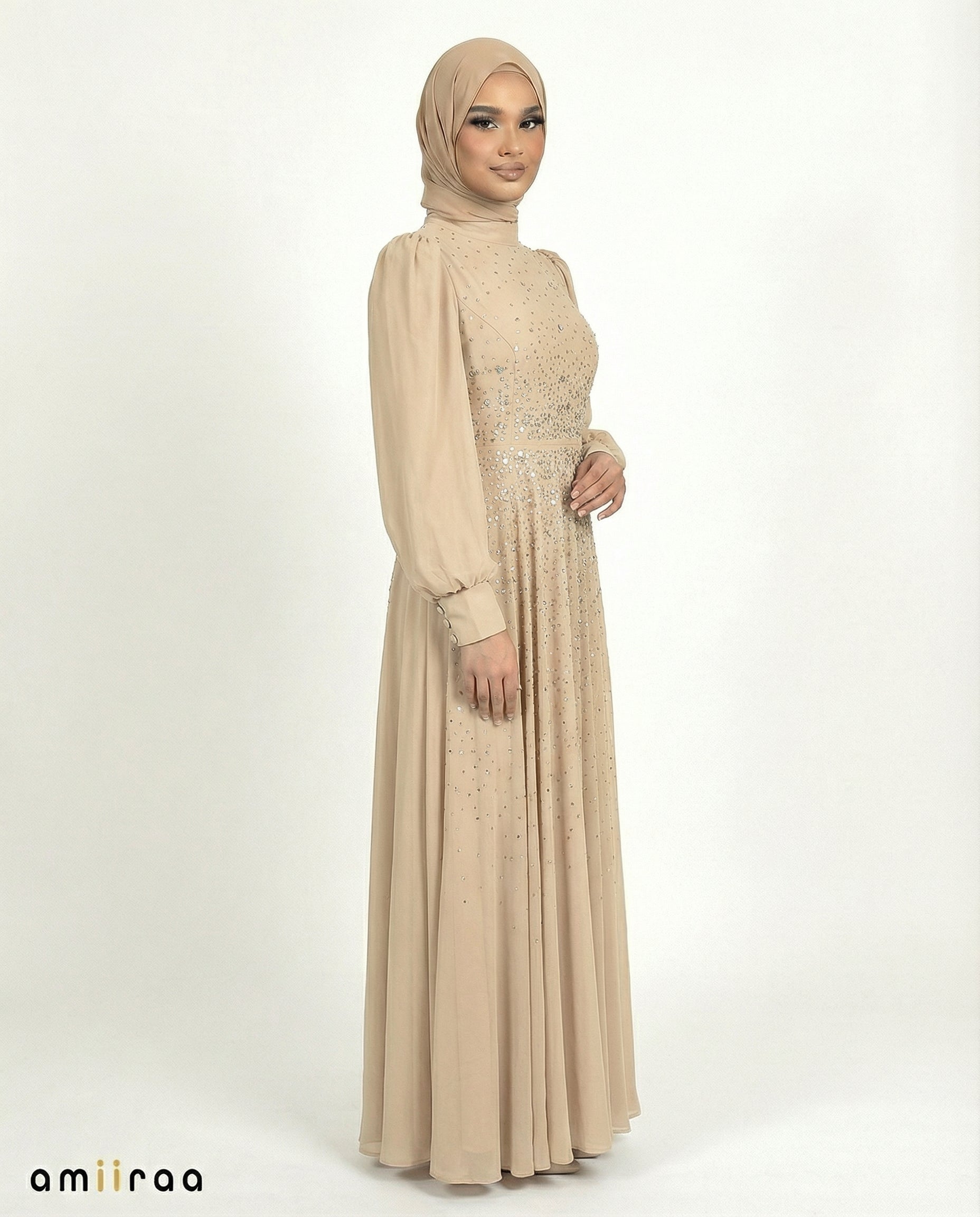 Cognac Chiffon Overlay Diamante Maxi Dress with Tie Sleeves