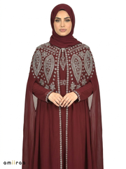 Maroon Banner Elegant Intricate Beaded Front Pattern Open Abaya