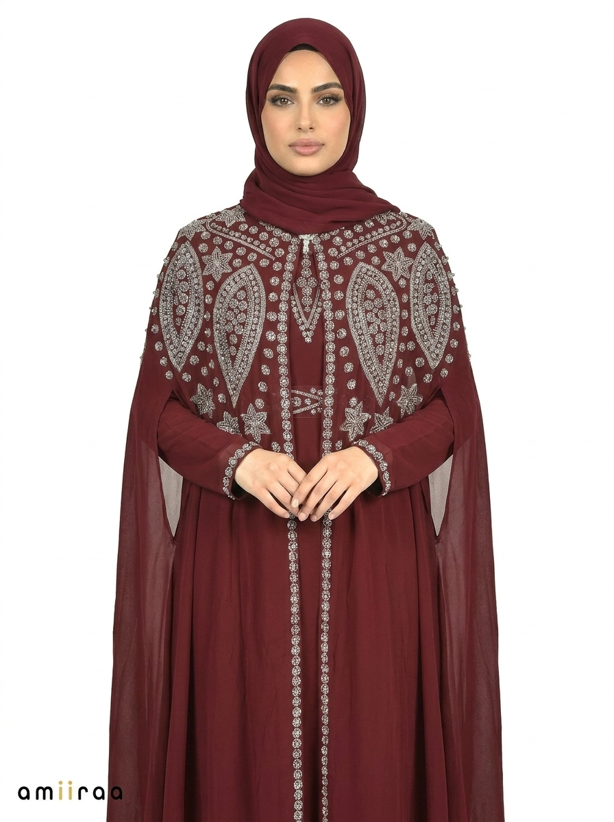 Maroon Banner Elegant Intricate Beaded Front Pattern Open Abaya