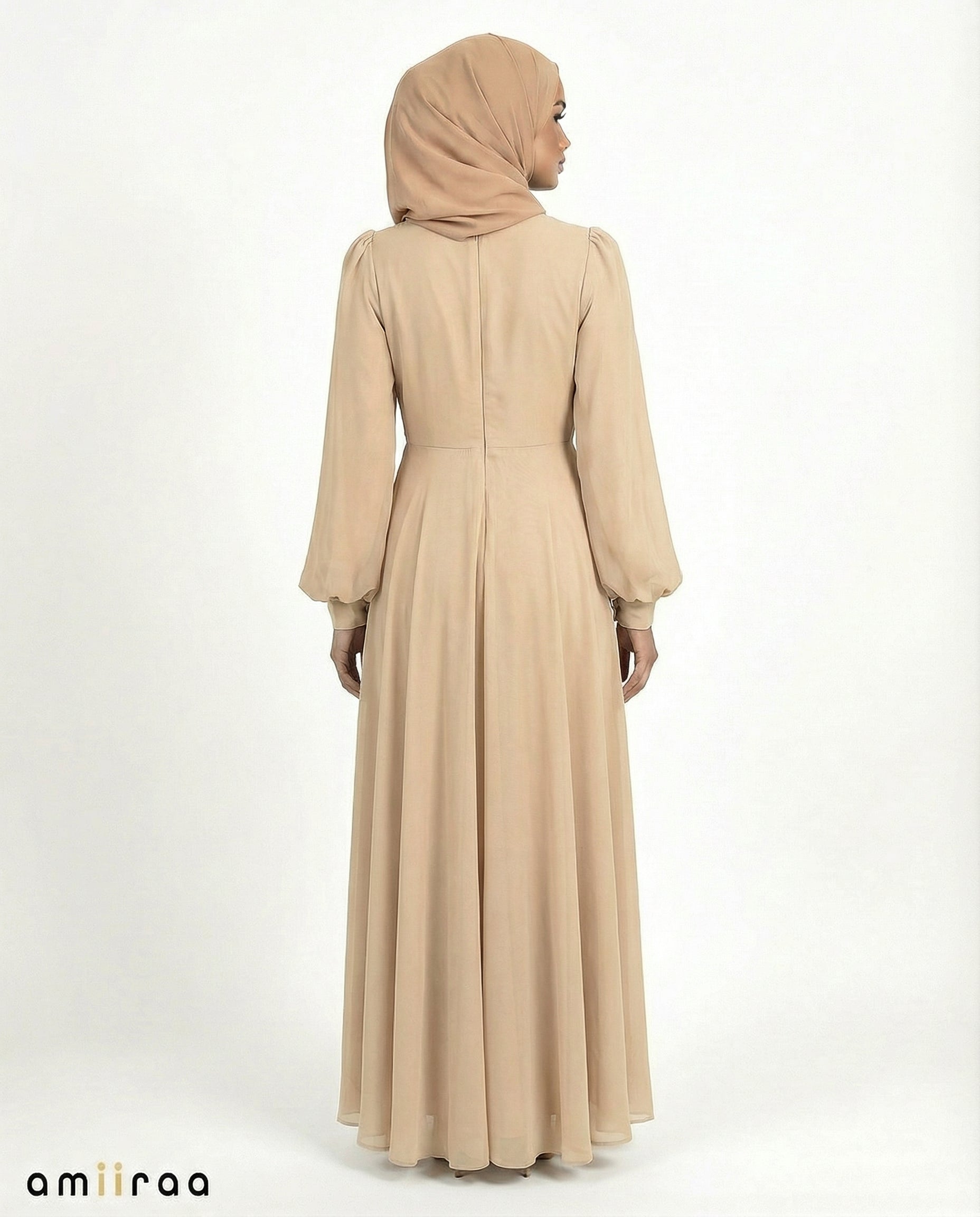 Cognac Chiffon Overlay Diamante Maxi Dress with Tie Sleeves
