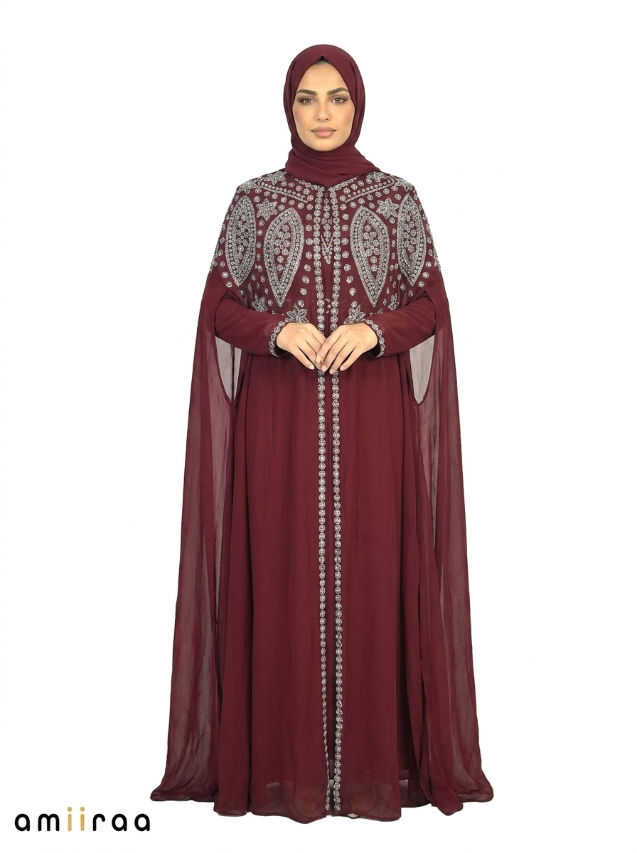 Maroon Banner Elegant Intricate Beaded Front Pattern Open Abaya