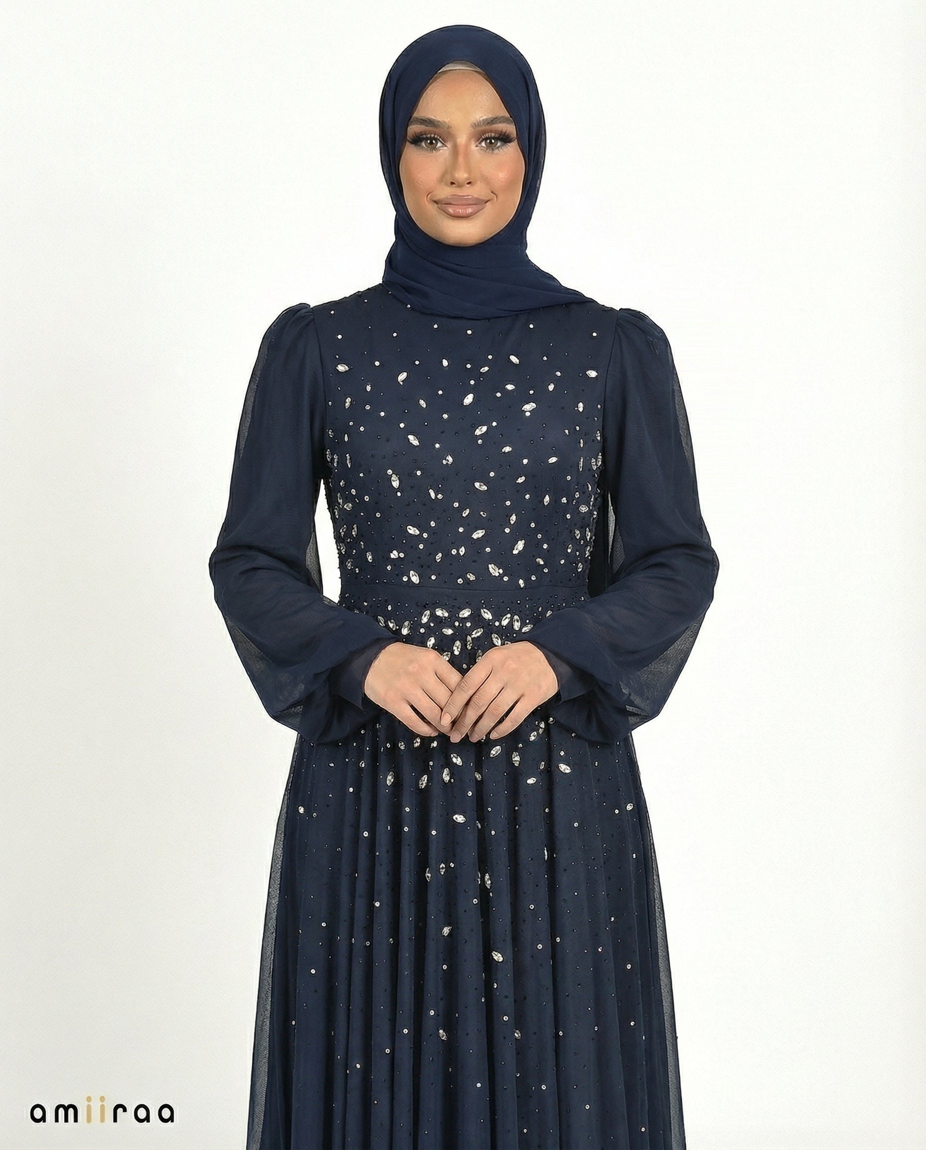 Black Iris Chiffon Overlay Diamante Maxi Dress with Tie Sleeves