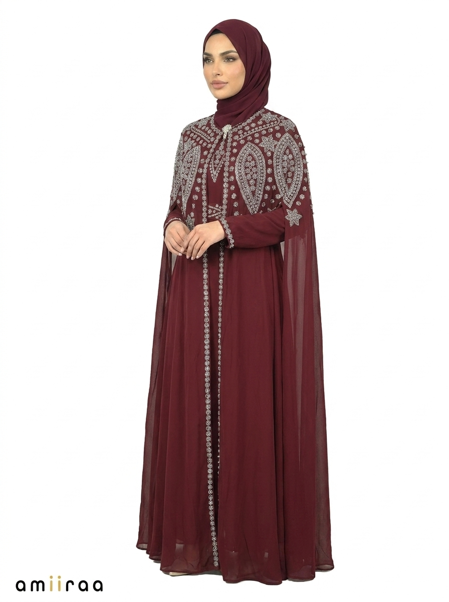Maroon Banner Elegant Intricate Beaded Front Pattern Open Abaya