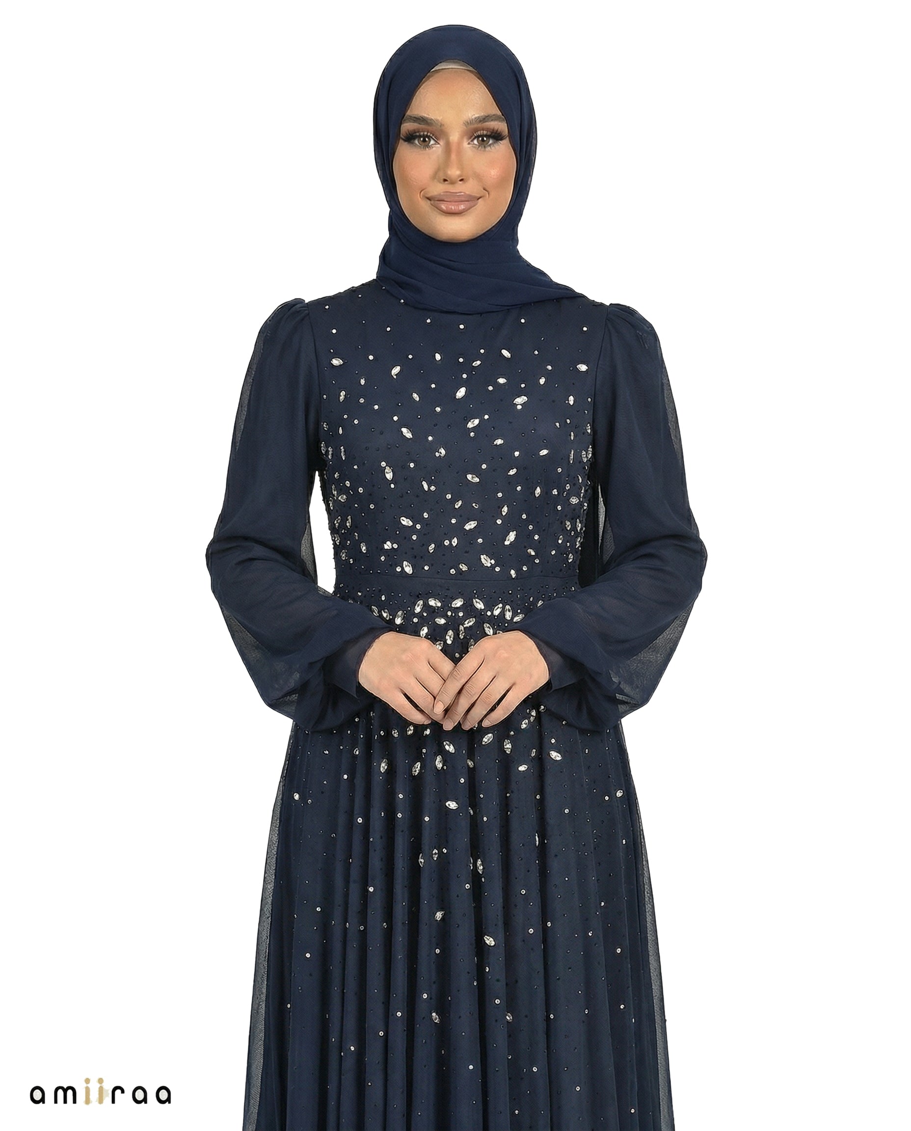 Black Iris Chiffon Overlay Diamante Maxi Dress with Tie Sleeves