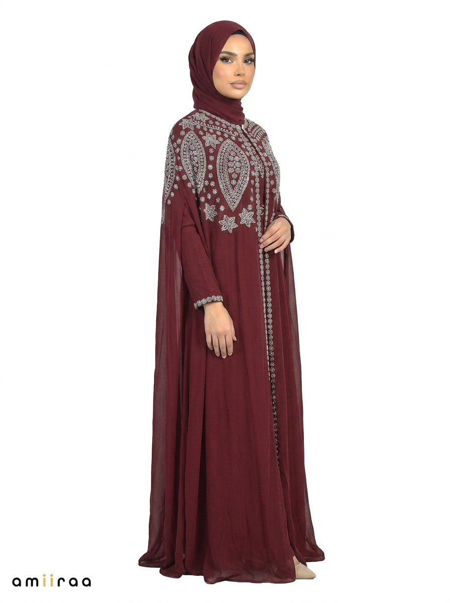 Maroon Banner Elegant Intricate Beaded Front Pattern Open Abaya