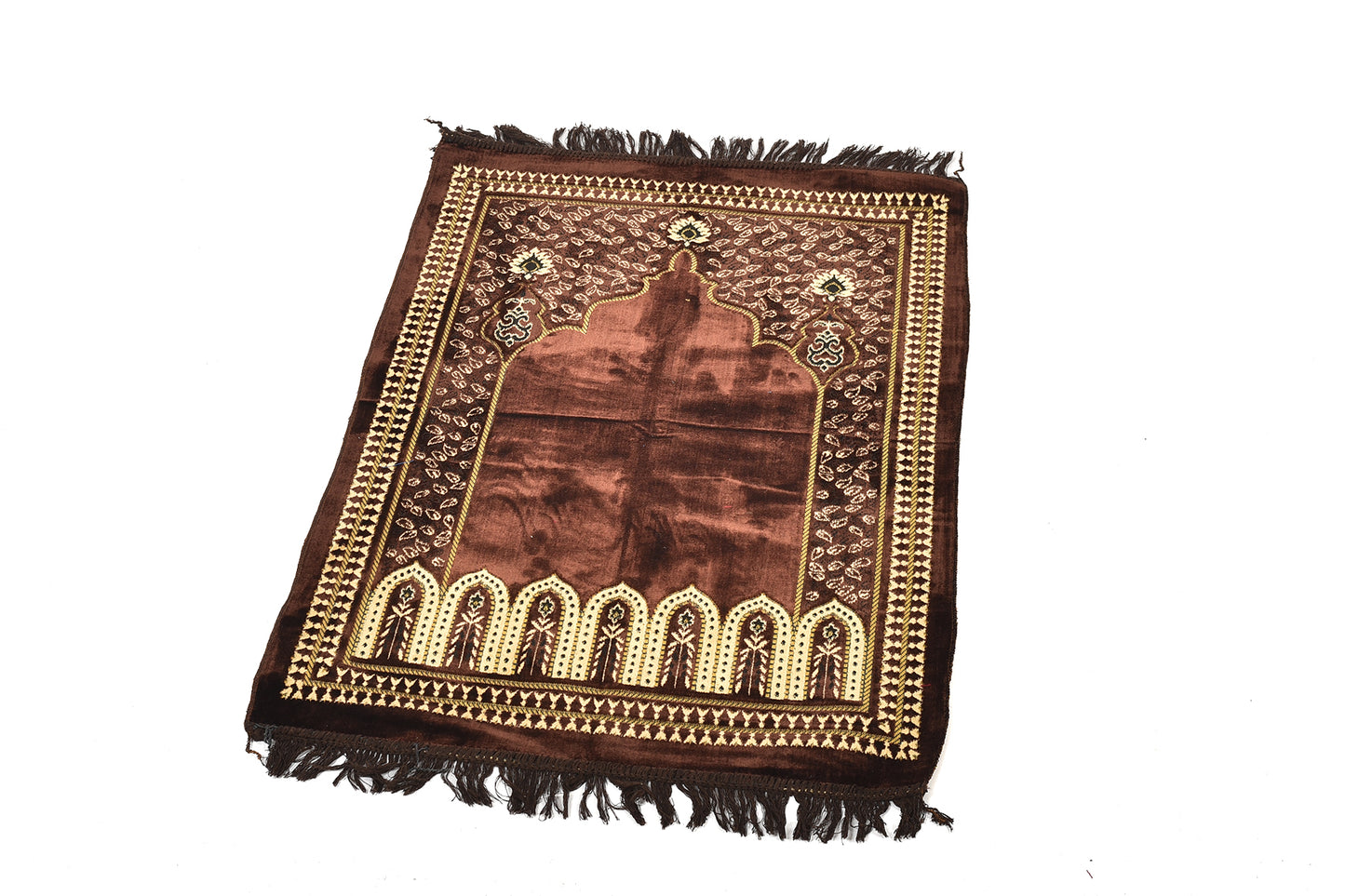 Premium Prayer Rug – Islamic Design with Gold Embroidery on Brown Background ( musallahs )