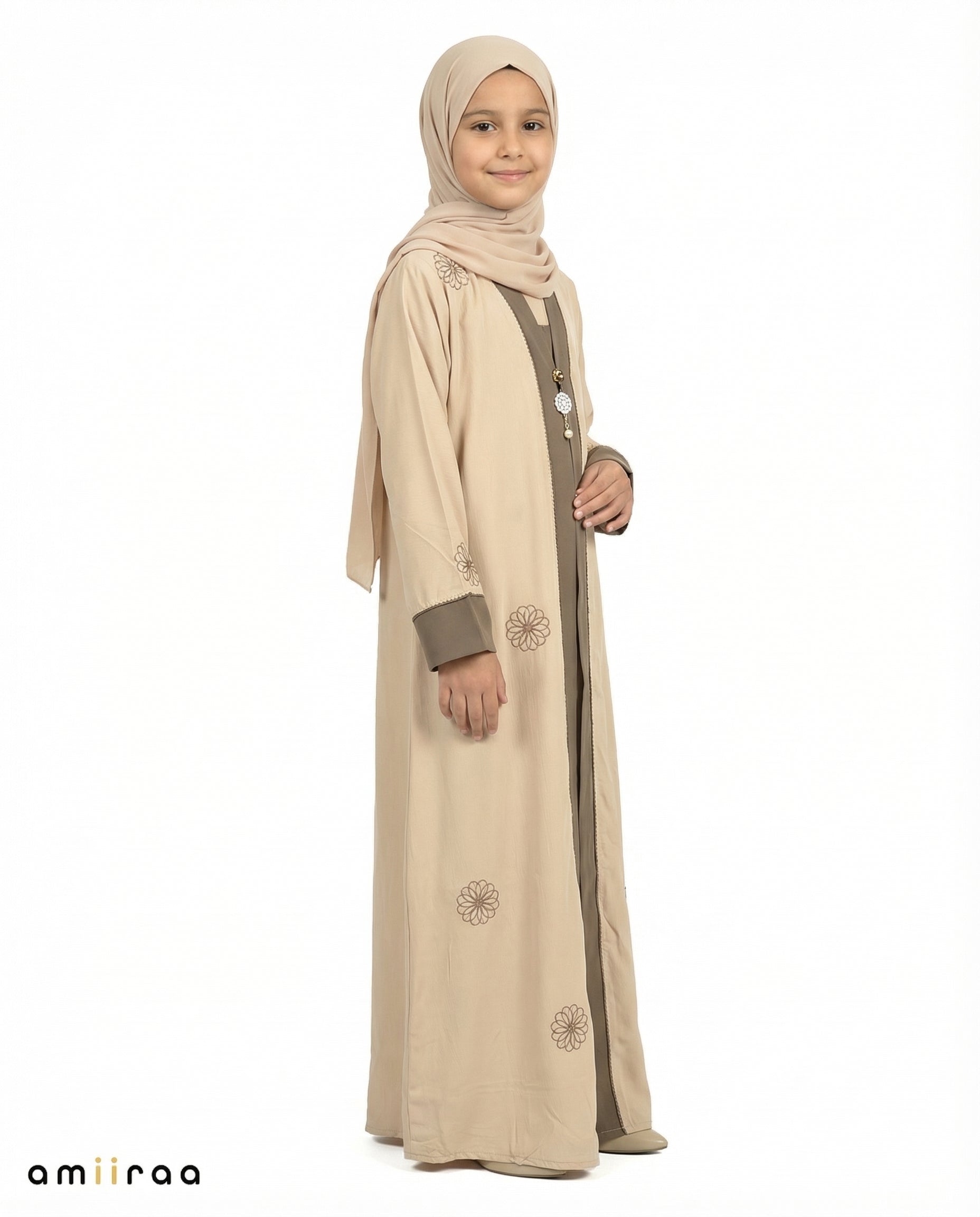 Abbey Stone Girls Floral Embroidered Open Abaya with Inner Dress