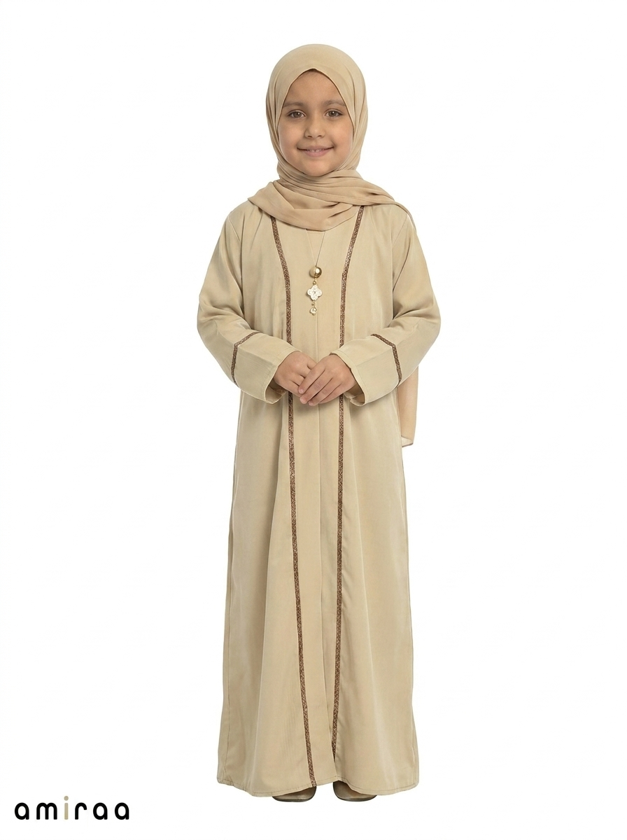 Desert Sage Saudi Abaya with Gold Trim Detailing