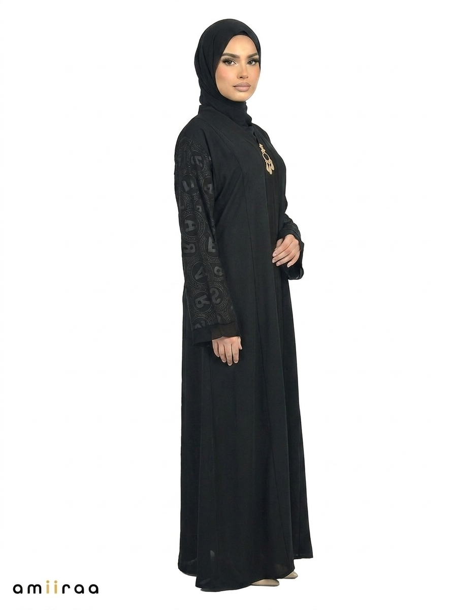 Women’s Elegant Black Abaya with Embossed Sleeve Detail