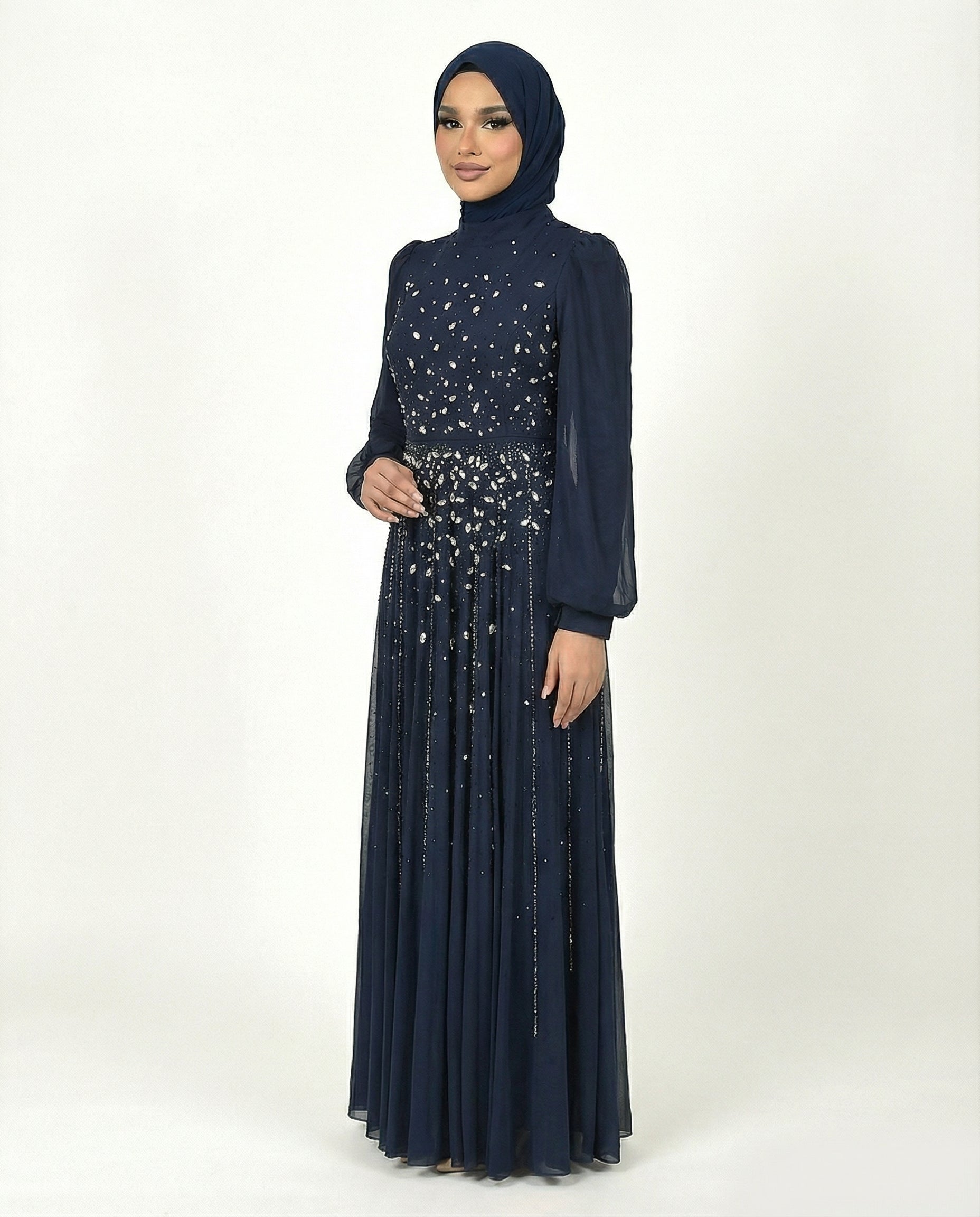 Black Iris Chiffon Overlay Diamante Maxi Dress with Tie Sleeves