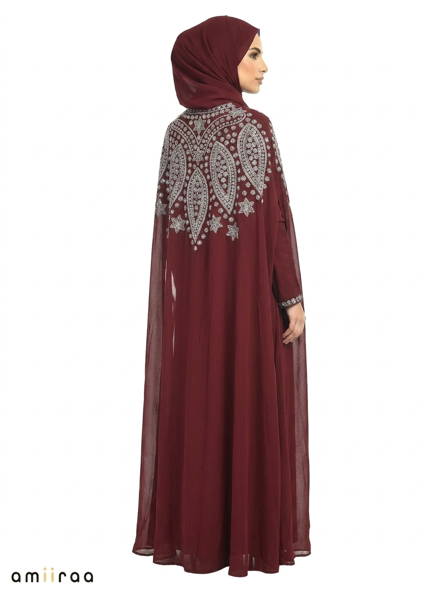 Maroon Banner Elegant Intricate Beaded Front Pattern Open Abaya