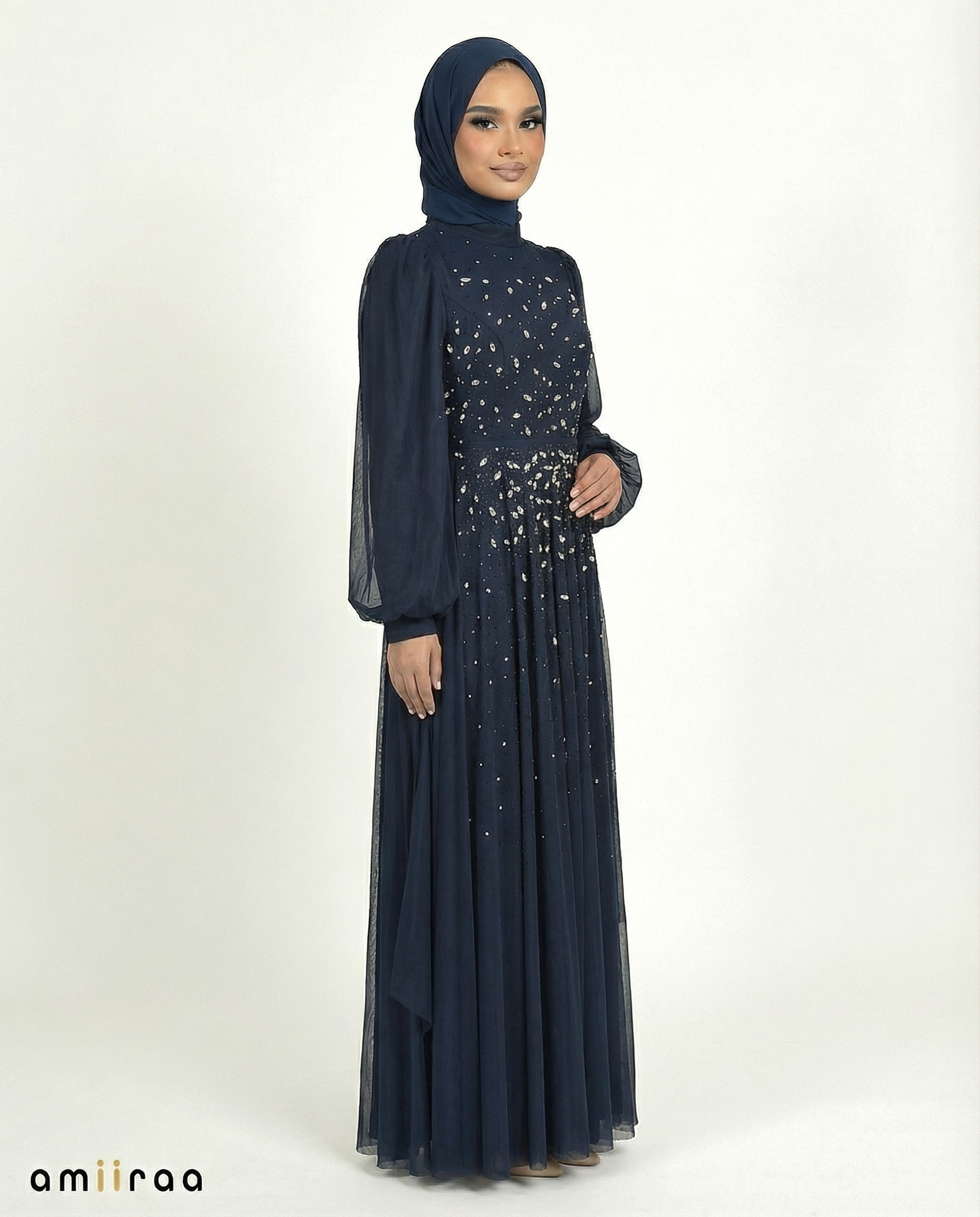 Black Iris Chiffon Overlay Diamante Maxi Dress with Tie Sleeves