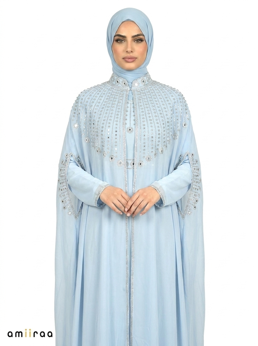 Blue Bel Elegant Embellished Open Abaya with Sheer Cape