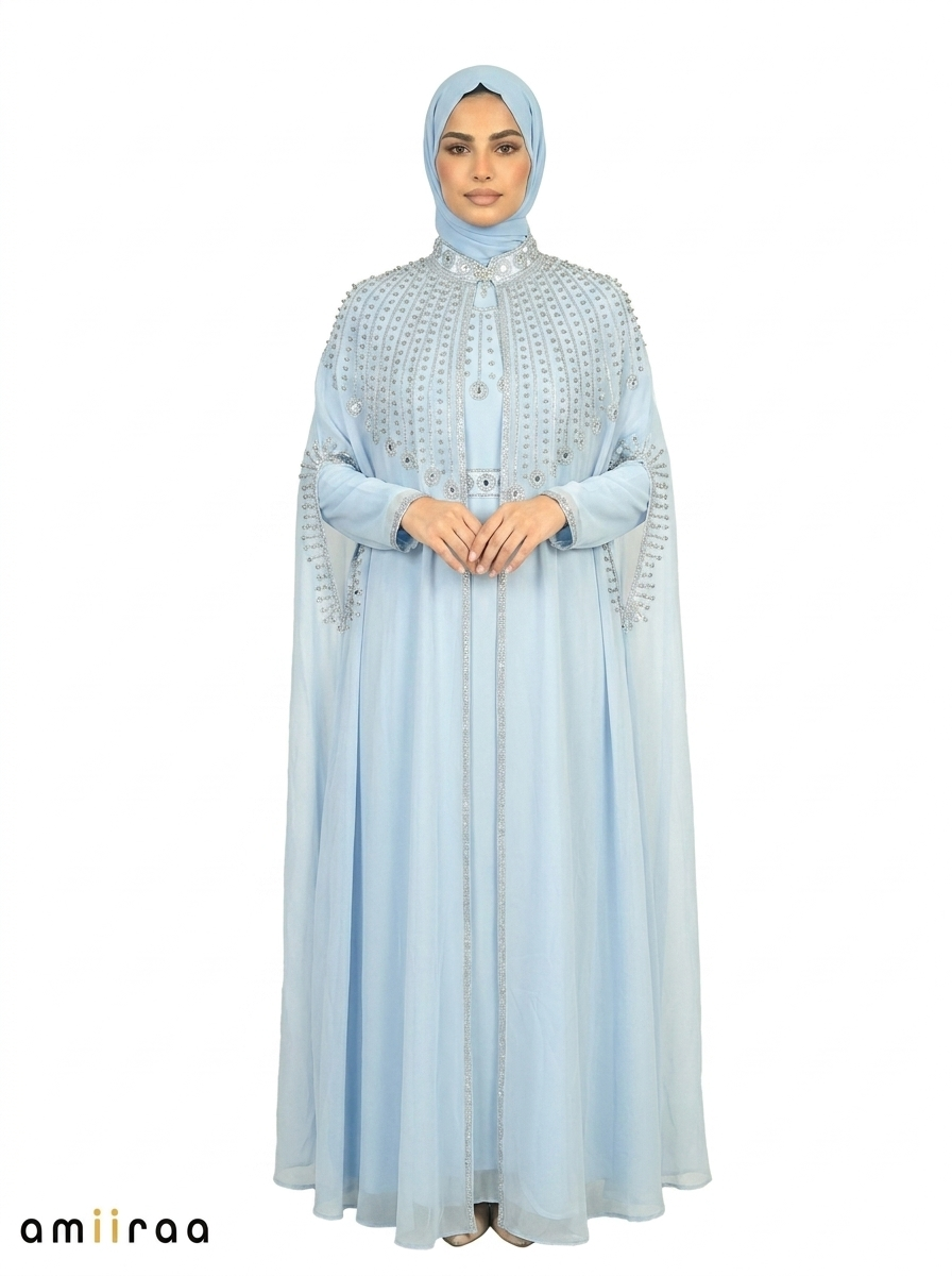 Blue Bel Elegant Embellished Open Abaya with Sheer Cape