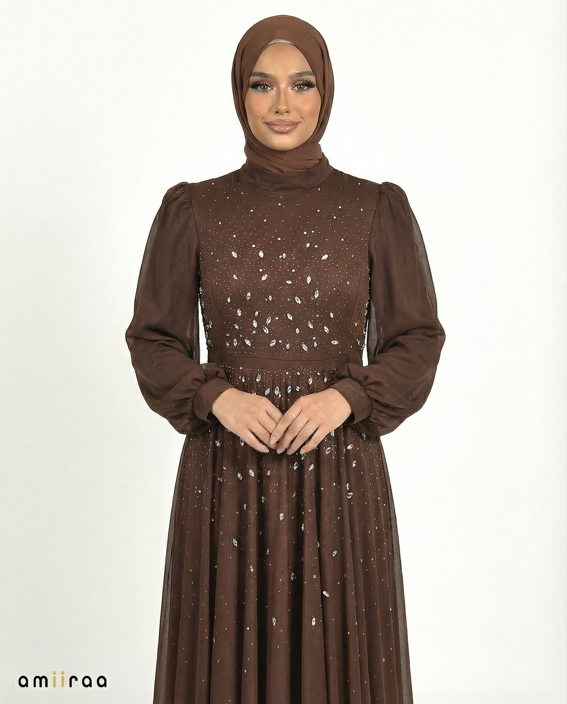 Shaved Chocolate Chiffon Overlay Diamante Maxi Dress with Tie Sleeves