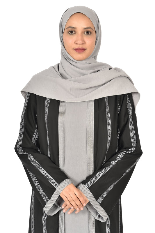 Striped Black & Grey Abaya with Embroidered Details ( ladies abaya )