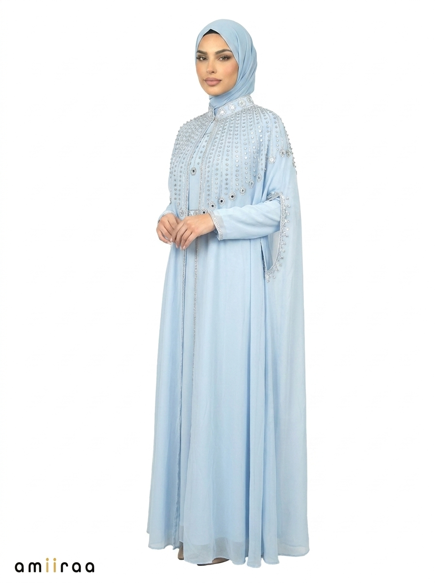 Blue Bel Elegant Embellished Open Abaya with Sheer Cape