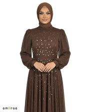 Shaved Chocolate Chiffon Overlay Diamante Maxi Dress with Tie Sleeves