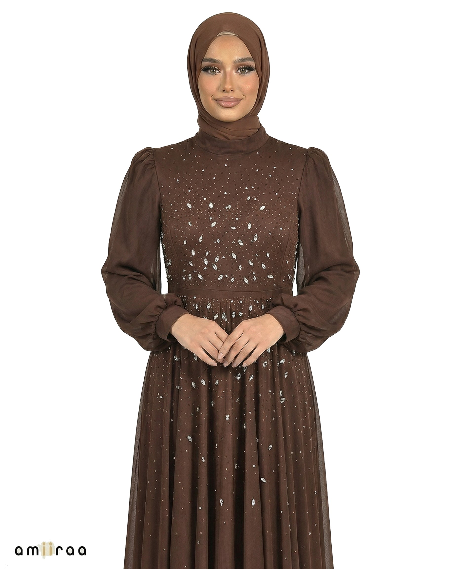 Shaved Chocolate Chiffon Overlay Diamante Maxi Dress with Tie Sleeves