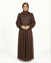 Shaved Chocolate Chiffon Overlay Diamante Maxi Dress with Tie Sleeves