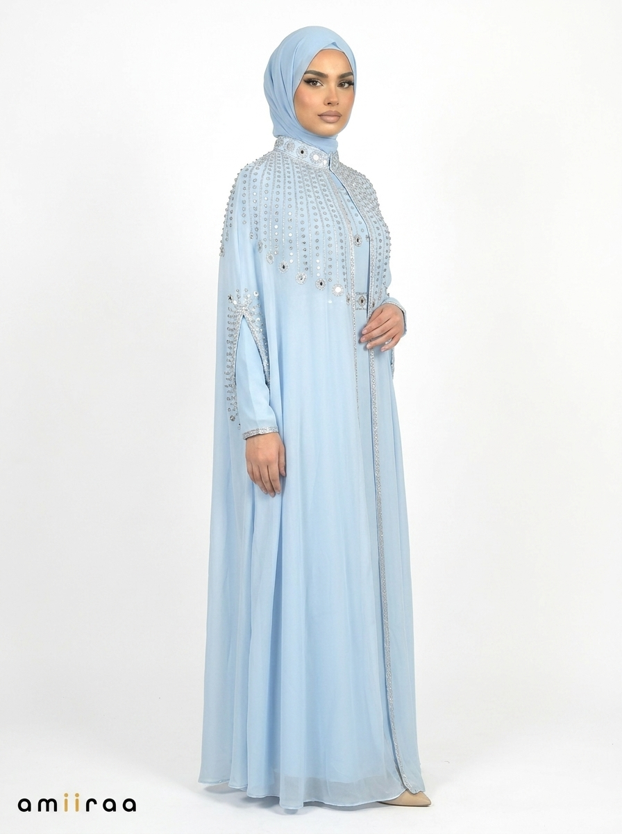 Blue Bel Elegant Embellished Open Abaya with Sheer Cape