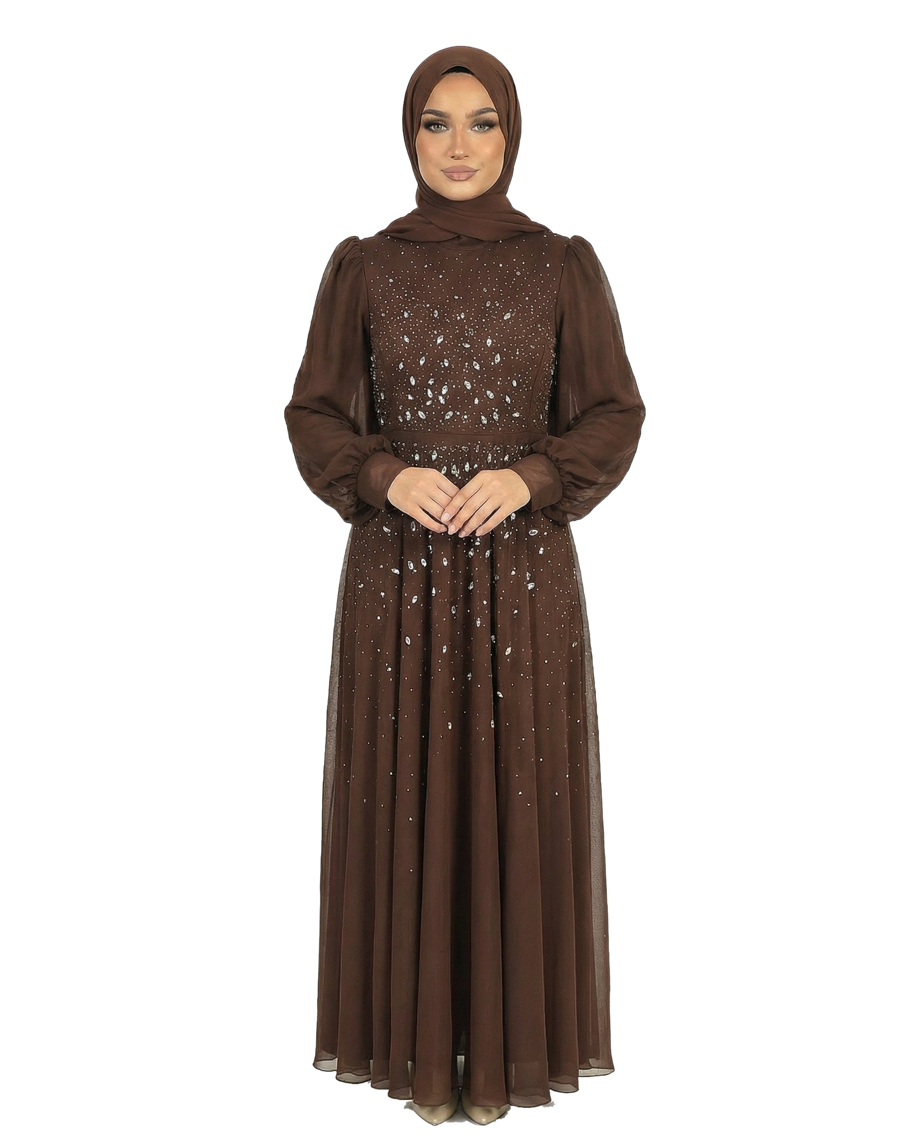 Shaved Chocolate Chiffon Overlay Diamante Maxi Dress with Tie Sleeves