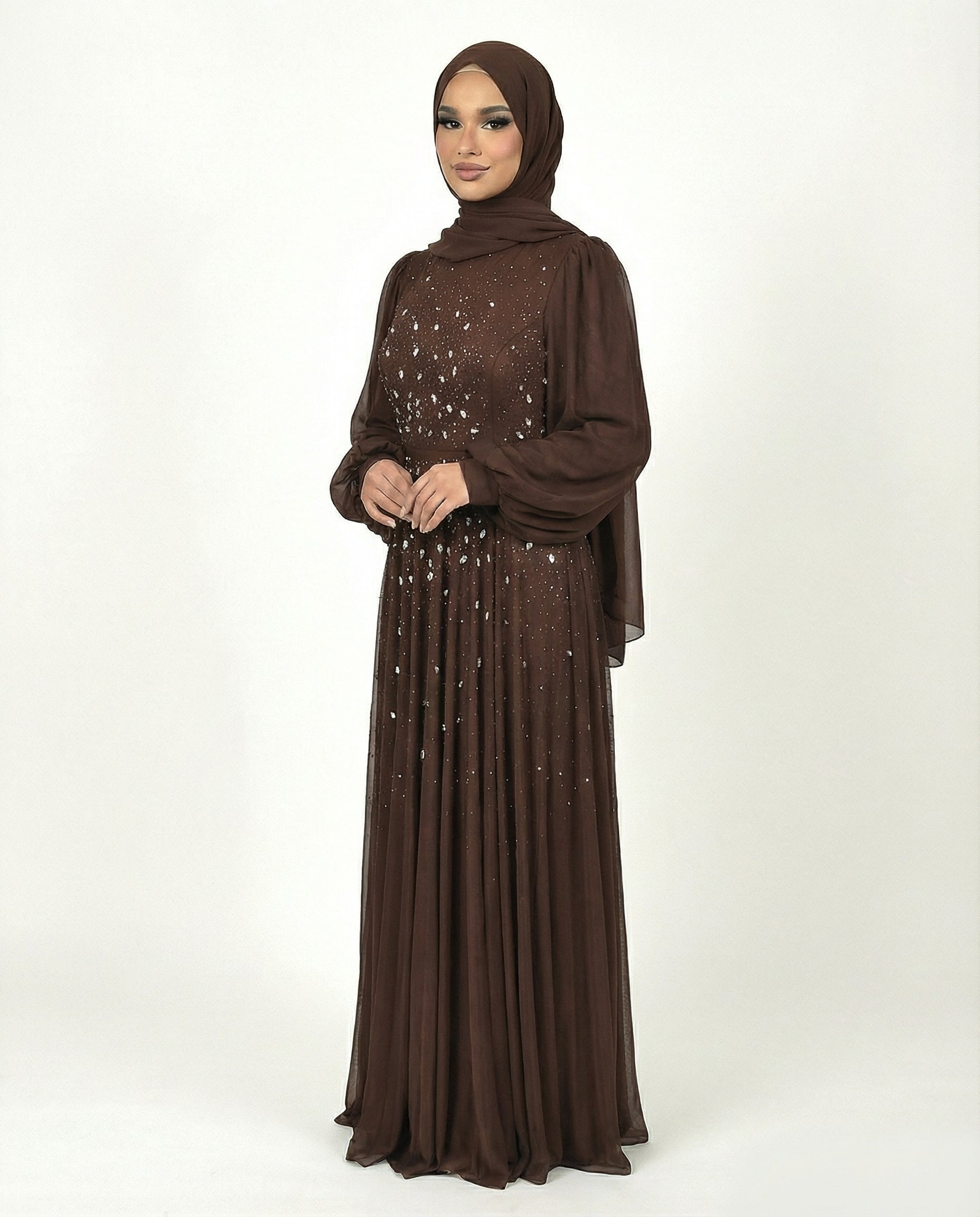 Shaved Chocolate Chiffon Overlay Diamante Maxi Dress with Tie Sleeves