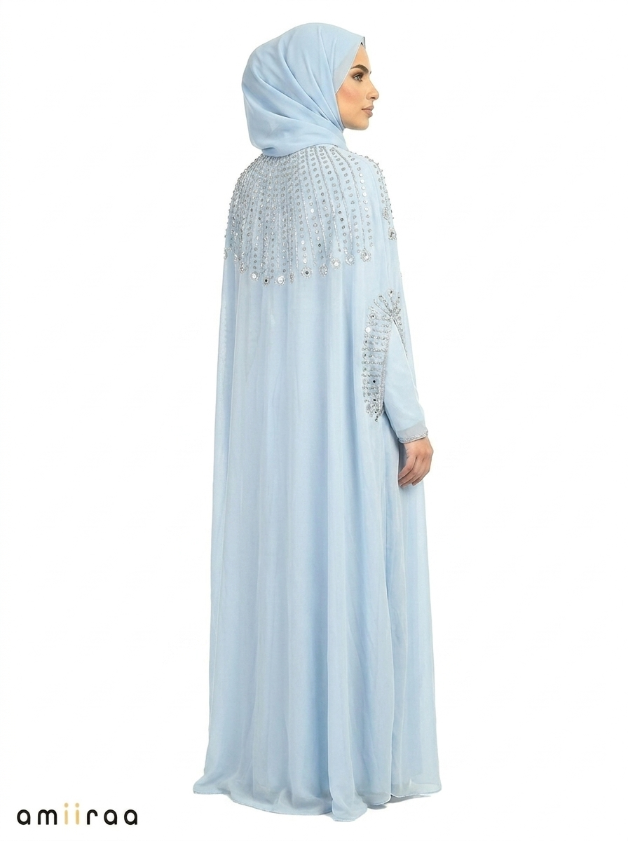 Blue Bel Elegant Embellished Open Abaya with Sheer Cape