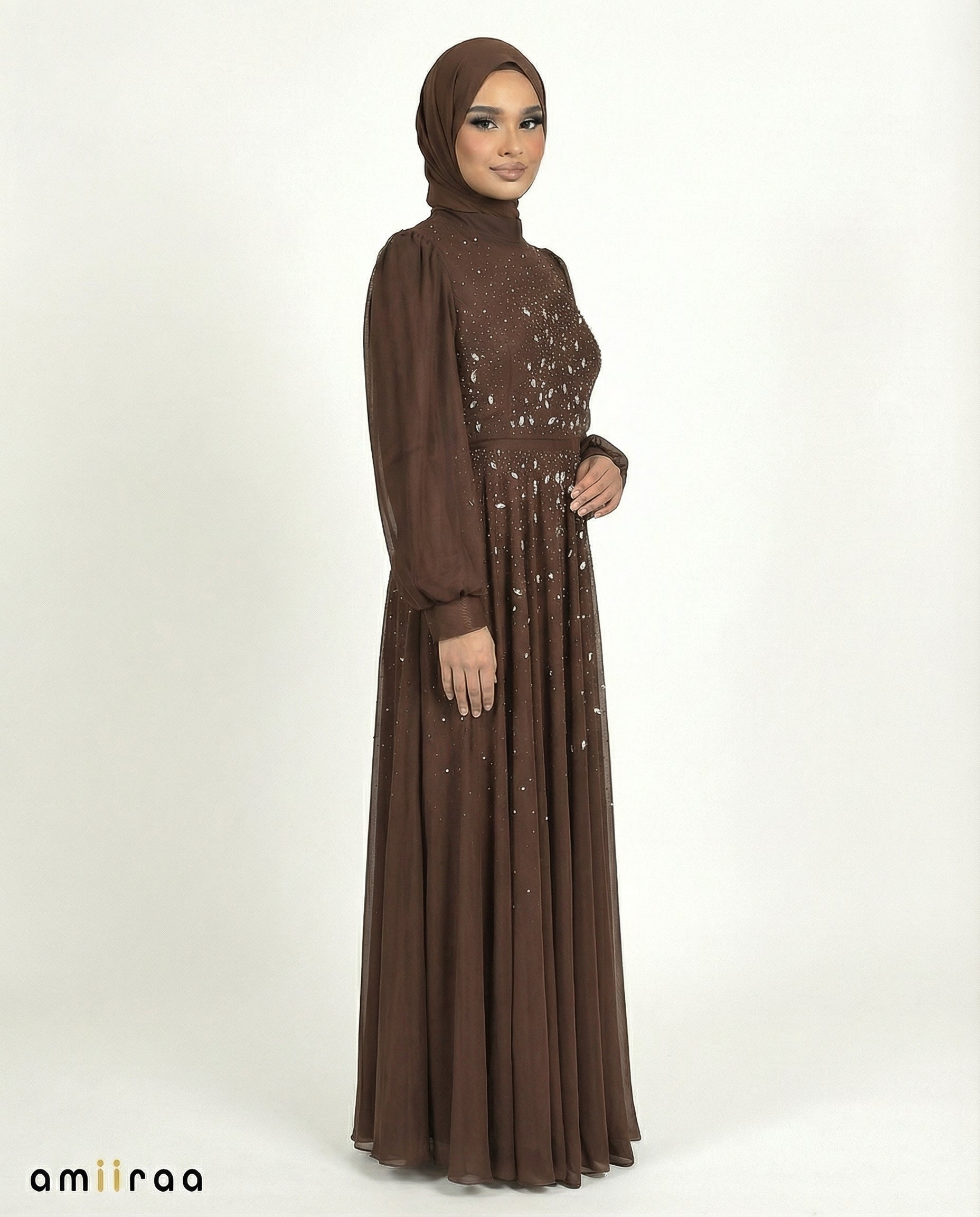 Shaved Chocolate Chiffon Overlay Diamante Maxi Dress with Tie Sleeves