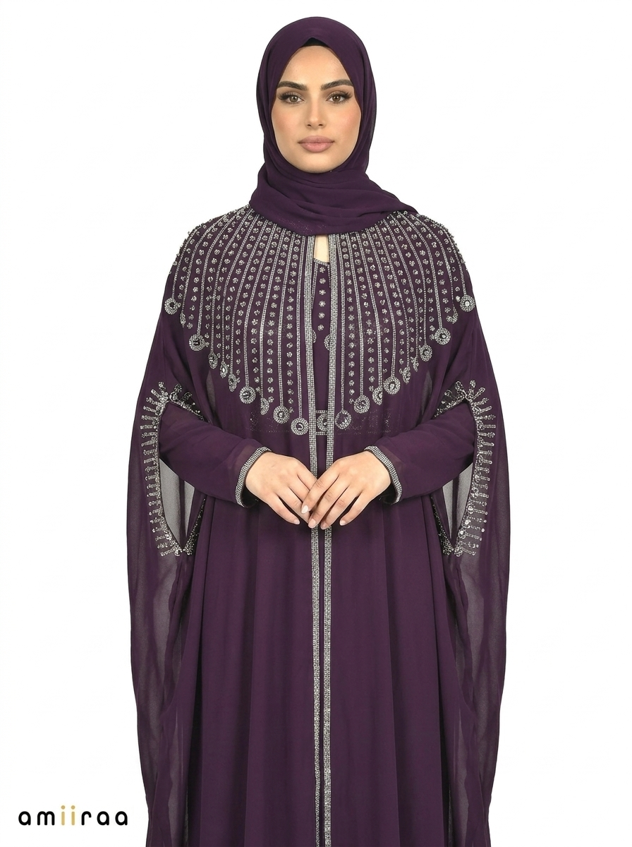 Blackberry Cordial Elegant Embellished Open Abaya with Sheer Cape