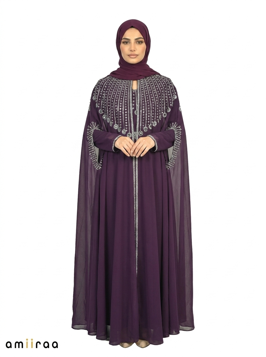 Blackberry Cordial Elegant Embellished Open Abaya with Sheer Cape