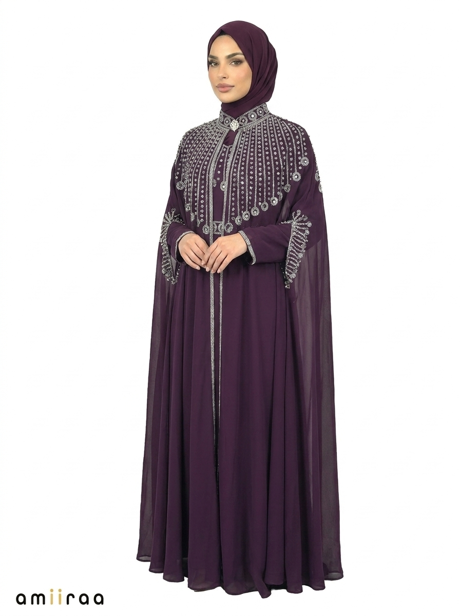 Blackberry Cordial Elegant Embellished Open Abaya with Sheer Cape