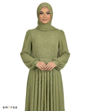 Leaf Green Chiffon Overlay Diamante Maxi Dress with Tie Sleeves