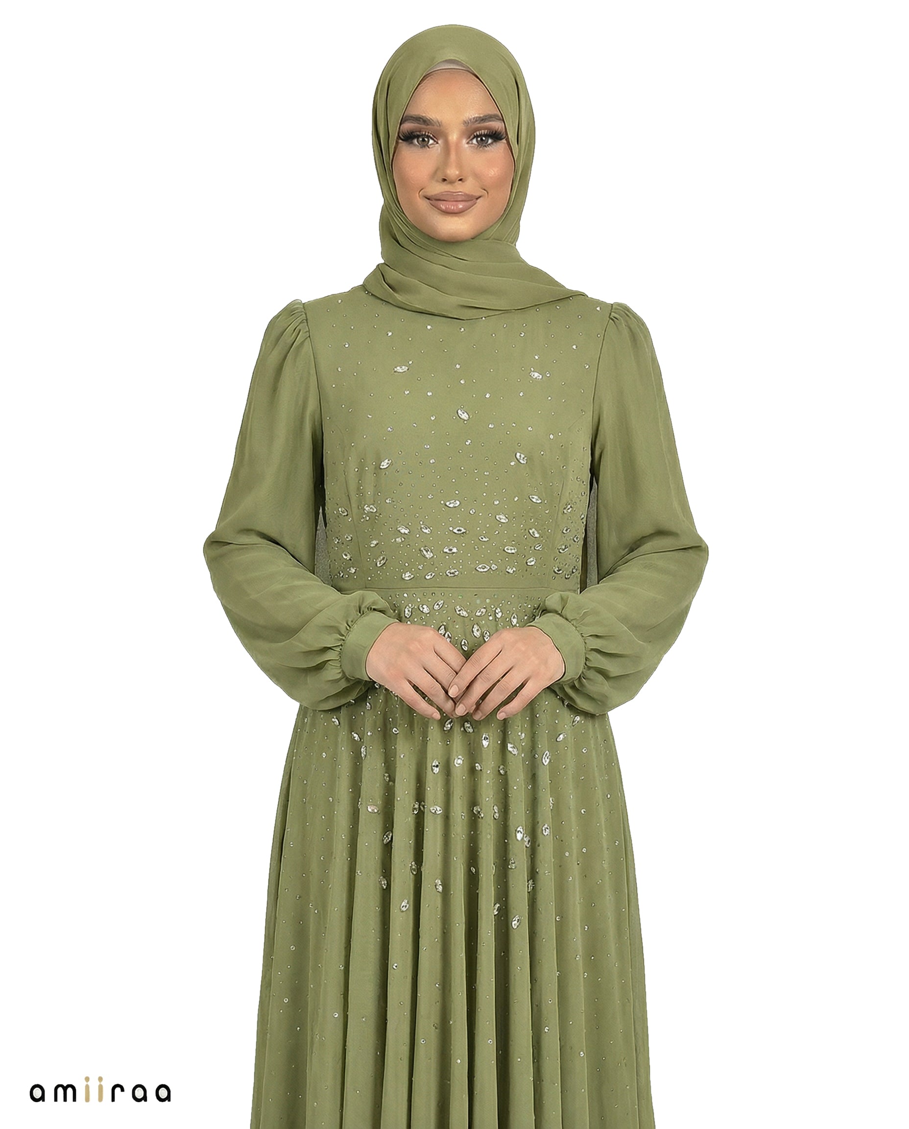 Leaf Green Chiffon Overlay Diamante Maxi Dress with Tie Sleeves