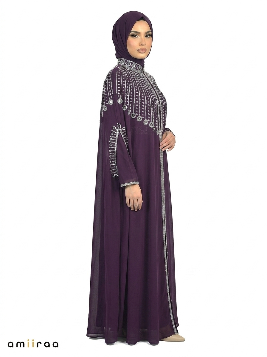 Blackberry Cordial Elegant Embellished Open Abaya with Sheer Cape